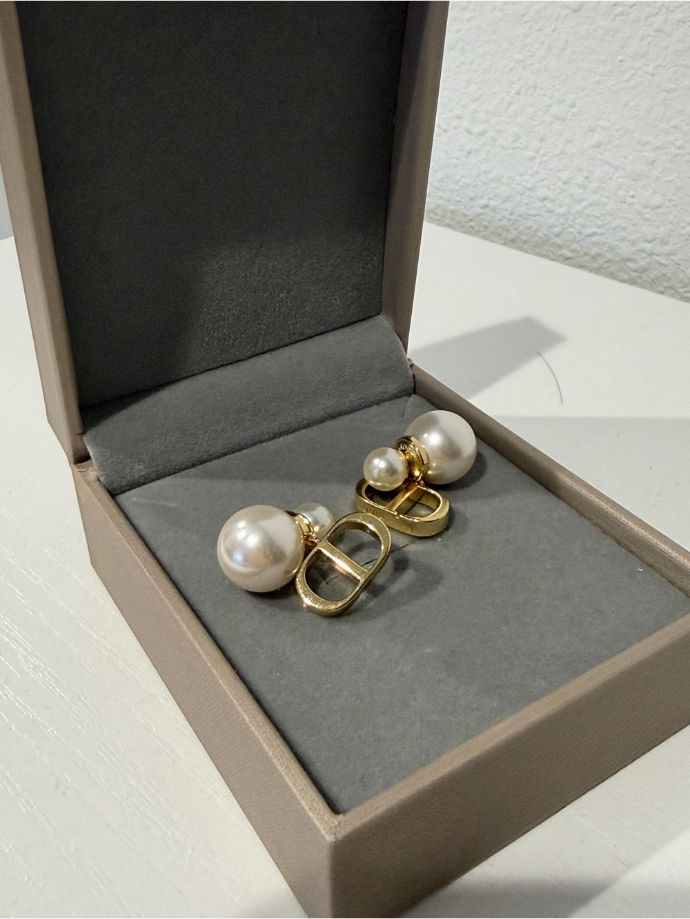 Gold Tone Pearl CD Double-Sided Earrings - White/Gold
